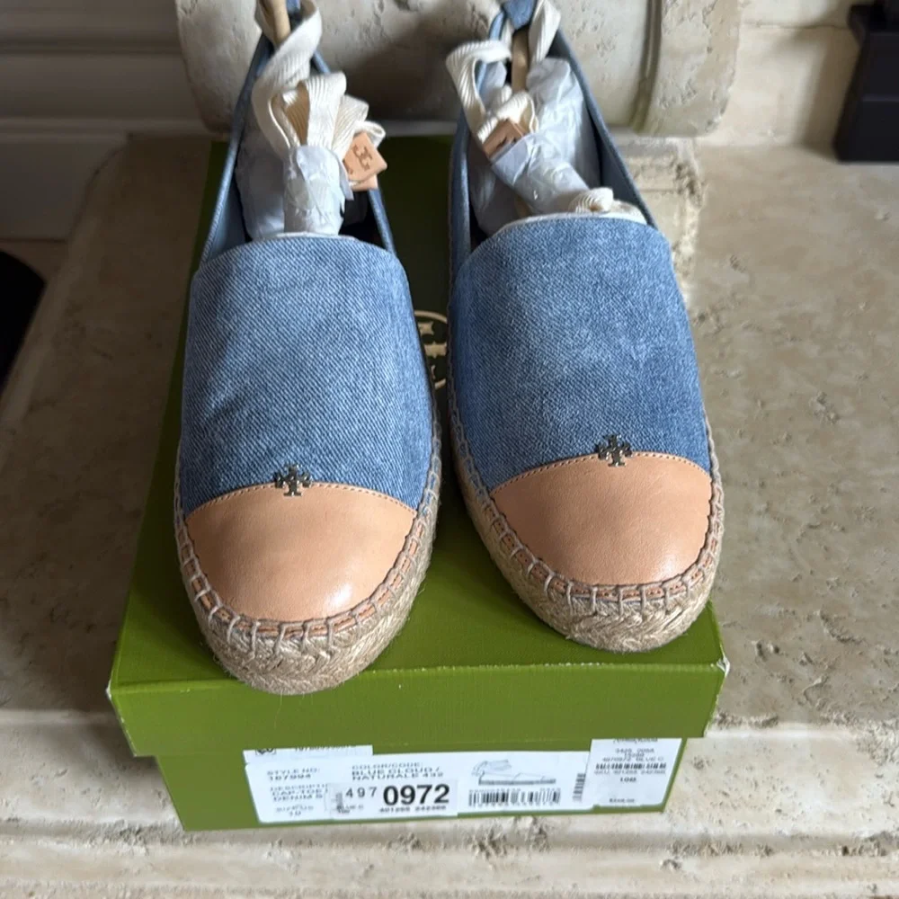 Tory Burch Bi-color Denim Ankle Wrap Cap Toe Espadrilles NWT